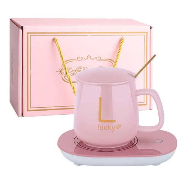 Lucky Portable Coffee Cup Warmer Heater Set Heat Heating Cup Pad Ceramics Mug Thermostatic Electric Coaster 55℃ Mug Mat Office Tea Coffee Milk Heater with Cup Spoon Gift Box Package Assorted color