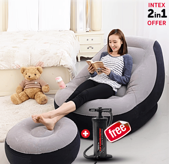 2 In 1 Bundle Intex Air Chair with Footrest & Get Free Intex Manual Air Pump, 68564
