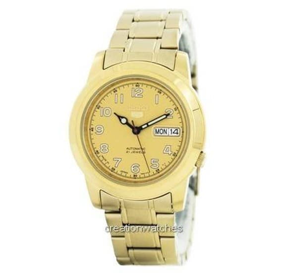 Seiko SNKK38J Mens Automatic Watch Analog Gold Dial Gold Stainless Band