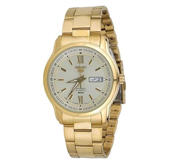 SeikoSNKP20J Mens Mechanical Watch Analog Champagne Dial Gold Stainless Band