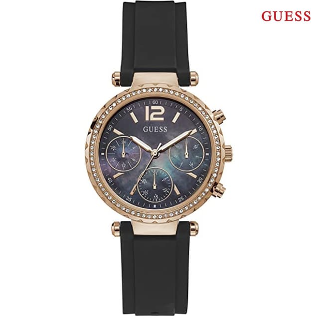 Guess Womens Multifunction Black Dial Watch with 37mm Rose Gold-Tone Stainless Steel Case and Bracelet, Quartz Movement and 30M Water Resistance - GW0113L2