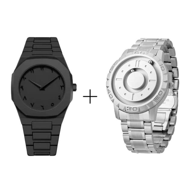 2-Piece Mens Watch Bundle - Matte Black Arabic Numerals Watch and Minimalist Silver Magnetic Ball Watch
