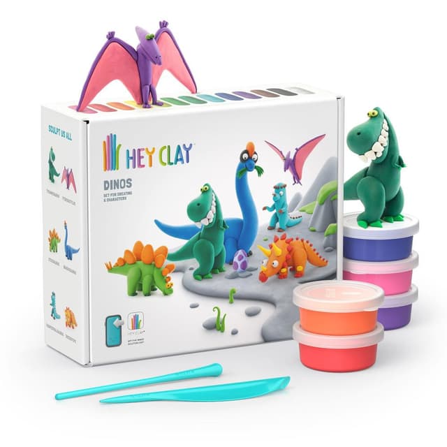 HEY CLAY -DIY Dinos- Stegosaurus, Pachycephalosaurus, Brachiosaurus Plastic Creative Modelling Air-Dry Clay For Kids 6 Cans - HC60032
