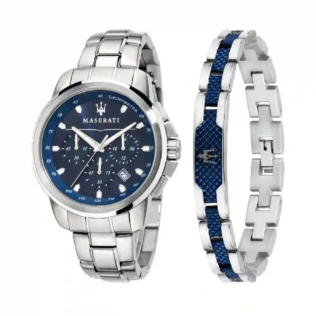 Maserati Successo Chronograph Watch for Men - 44mm Blue Sunray Dial, Stainless Steel Bracelet, Quartz Movement, 5 ATM Water Resistance- R8851121016