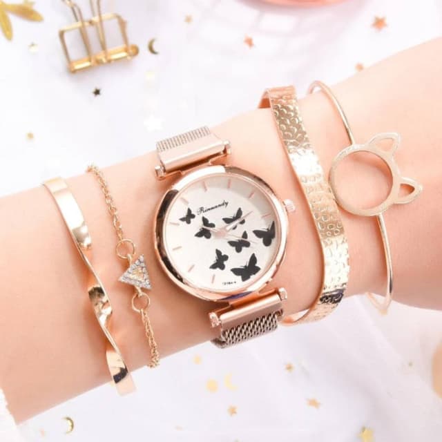 Rinnandy Ladies Butterfly Watch Set - Rose Gold with 4 Elegant Bracelets