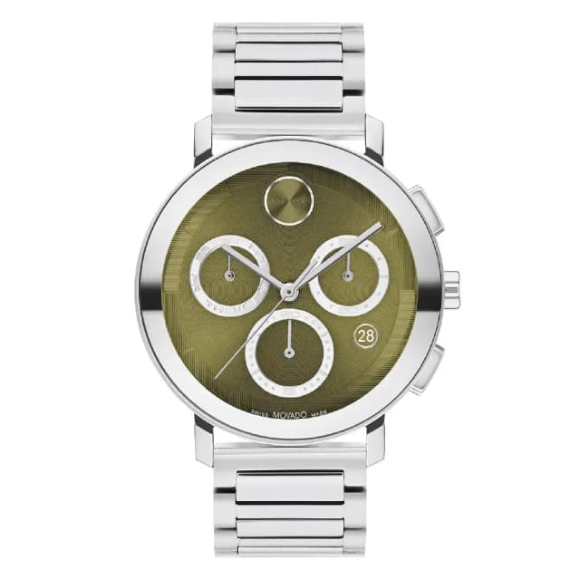 Movado BOLD Evolution 2.0 Chronograph Watch for Men, 42mm Green Dial, Stainless Steel Bracelet, Quartz Movement, Date Display, 30M Water Resistance- 3601189