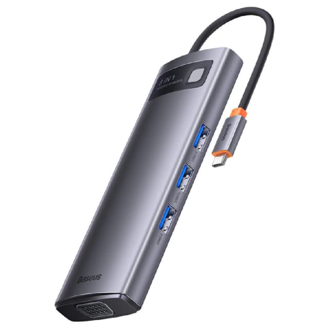 Baseus Metal Glimmer Series 8-in-1 USB-C Hub Docking Station with 4K HDMI, VGA, SD and TF Card Readers, and Fast Charging for Laptop, MacBook, and More (Gray) - BA.WKWG050013.GY