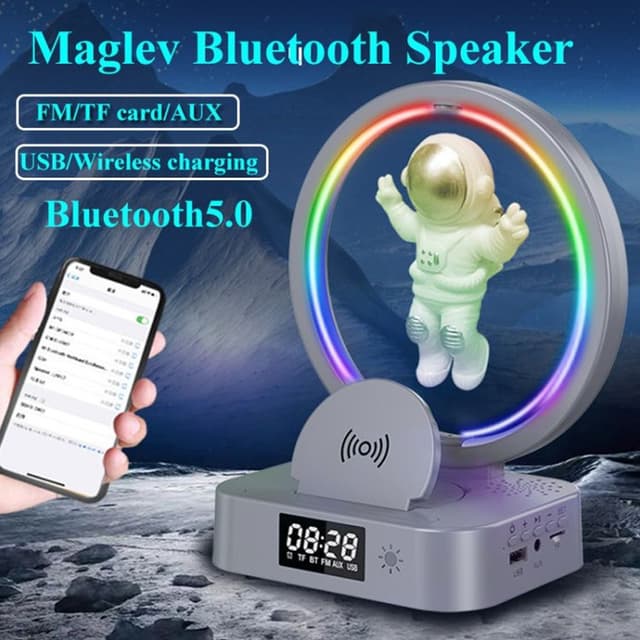 5 in 1 Maglevon Astronaut Wireless Bluetooth Speaker with RGB colour LED lamp Display Clock Wireless Charger and Aux USB TF Memory Slot