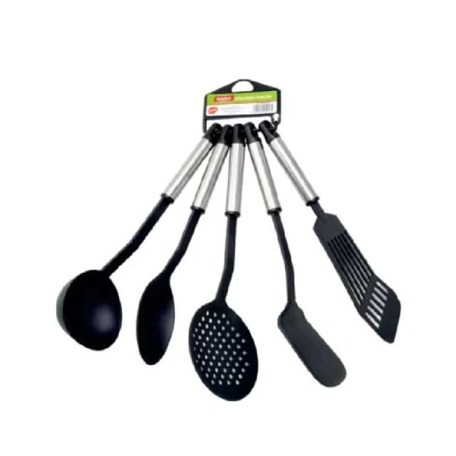 Royalford 5 Pieces Nylon Kitchen Tools Set, Silicone Build, Nylon Core, Black & Silver Utensils Set - RF1796-NKT