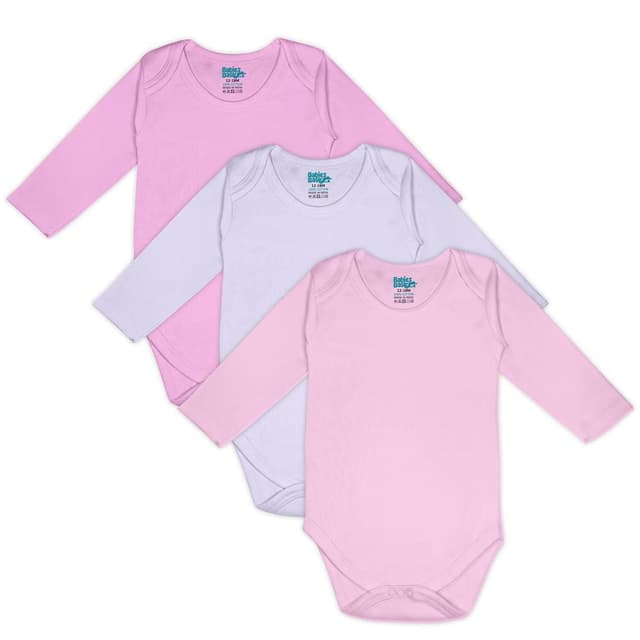 Babies Basic 100 Percent Super Combed Cotton, Long Sleeves Bodysuit. Set of 3, 0-3 Months , Pink, Lavender, L.Pink - V179-RO-LS-0-3-3PC
