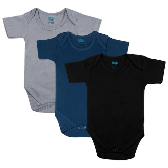 Babies Basic 100 Percent Super Combed Cotton, Short Sleeves Romper - Bodysuit. Set of 3 - Black, Navy,Grey, 12-18 Months - V02-ROMPER-DAR-SS-12-18-3PC