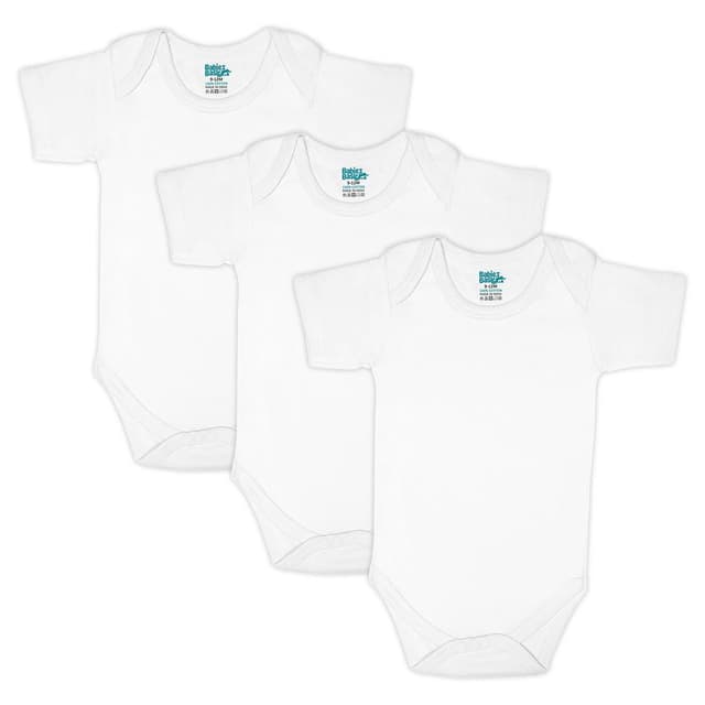 Babies Basic 100 Percent Super Combed Cotton, Short Sleeves Romper - Bodysuit. Set of 3 - White, 6-9 Months - V01-ROMPER-WHI-SS-6-9-3PC