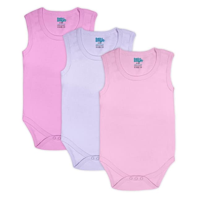 Babies Basic 100 Percent Super Combed Cotton, Sleeveless Bodysuit. Set of 3, 9-12 Months , Pink, Lavender, L.Pink - V177-RO-SL-9-12-3PC