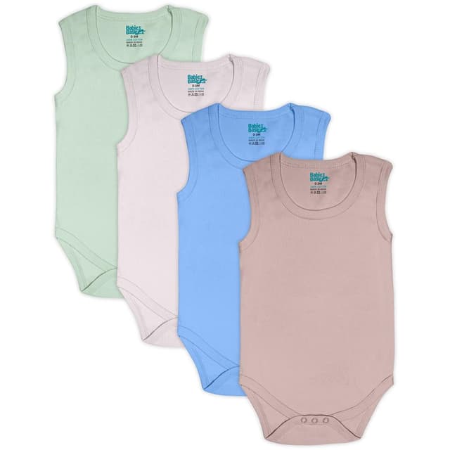 Babies Basic 100 Percent Super Combed Cotton, Sleeveless Bodysuit. Set of 4, 0-3 Months , Green, Beige, Blue, Mocha - V174-RO-SL-0-3-4PC