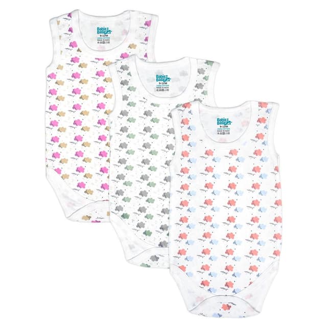Babies Basic Super Combed Cotton, Sleeveless Printed Bodysuit. Set of 3, 6-9 Months , White - V171-RO-SL-6-9-3PC