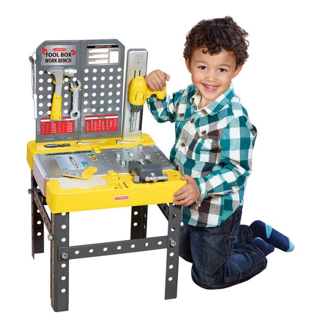 Casdon Tool Box Workbench | 2-in-1 Kids Tool Box & Workbench | 60 Piece Pretend Play Construction & DIY Role Play Set, 3+ Years – 64450