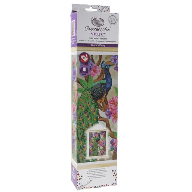 Craft Buddy Peacock Peony Crystal Art Scroll - 35x45cm DIY Rhinestone Art with Elegant Peacock Design - CAS-029L