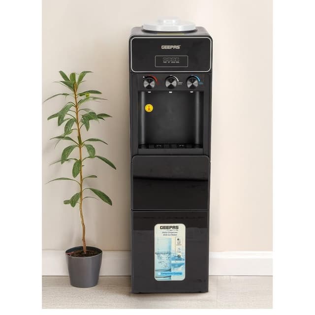 Geepas Water Dispenser with Ice Maker, 3 Taps - Hot, Cold, Normal, 630W, 2-in-1 Function, 10kg Ice Capacity, Stainless Steel Tank, Child Lock - GIM17042