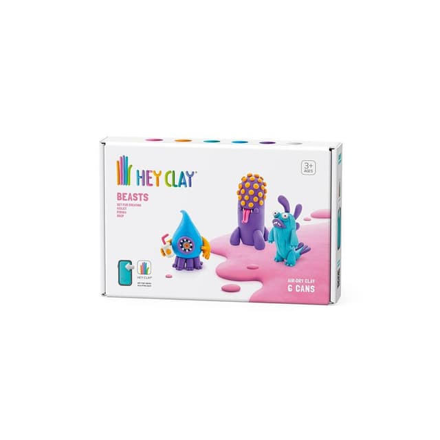 HEY CLAY -DIY Beasts- Yolo, Violet, Fishka Plastic Creative Modelling Air-Dry Clay For Kids 6 Cans - HC60041
