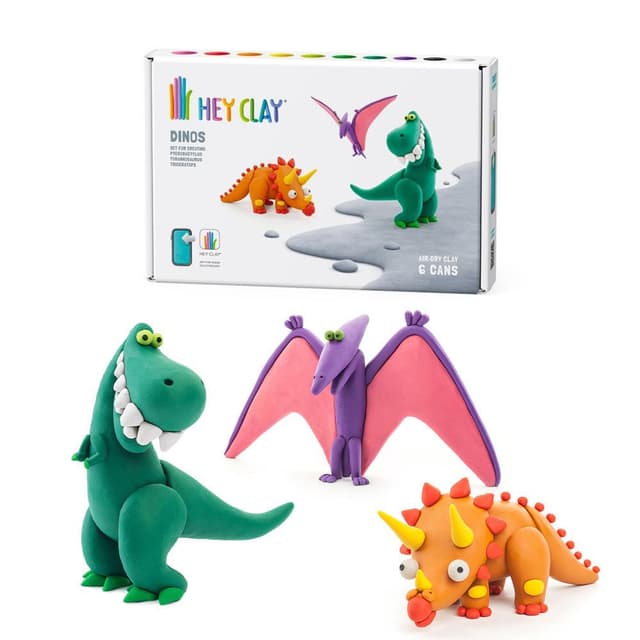 HEY CLAY -DIY Dinos- Pterodactylus, Triceratops, Tyrannosaurus Plastic Creative Modelling Air-Dry Clay For Kids 6 Cans - HC60031