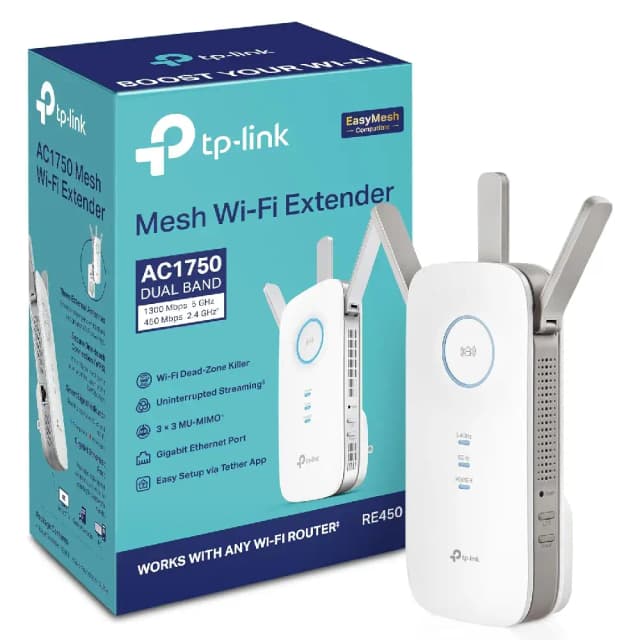 TP-Link RE450 AC1750 Dual Band Wi-Fi Range Extender - Up to 1750Mbps, Gigabit Ethernet Port, MU-MIMO, White