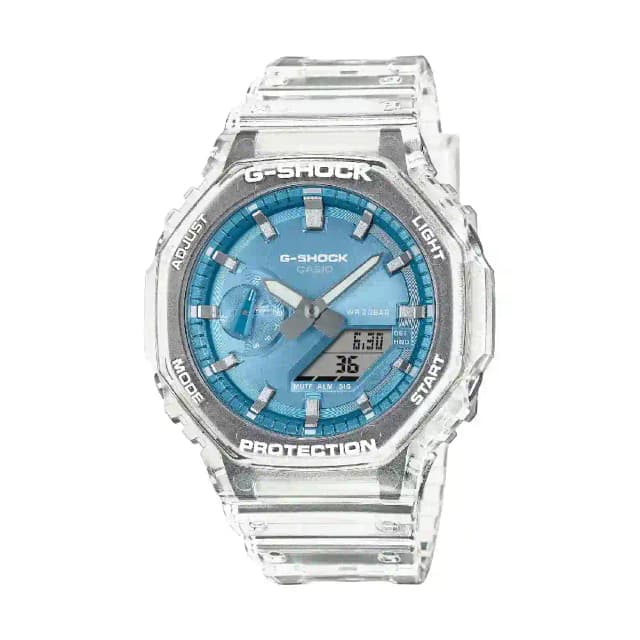 Casio G-Shock Analog-Digital Watch for Men, Transparent White Resin Case & Strap, Blue Accents, Shock Resistant, 200M Water Resistance - GA-2100BM-7A2DR
