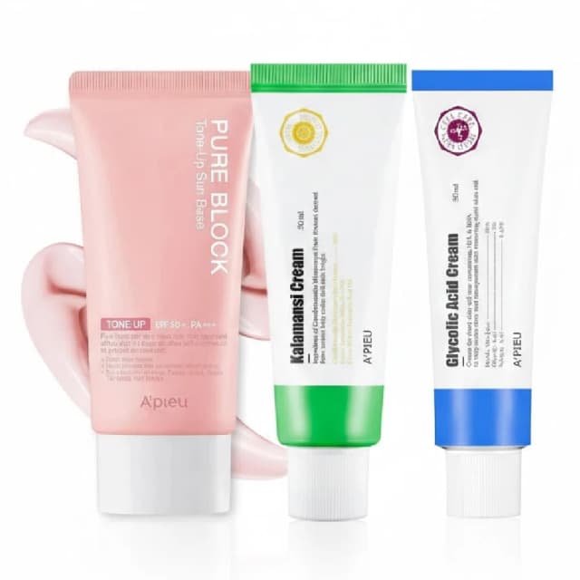 APIEU Brightening & Refining Skincare Trio - Glycolic Acid Cream, Vitamin C Kalamansi Cream & SPF50 Tone Up Sun Base