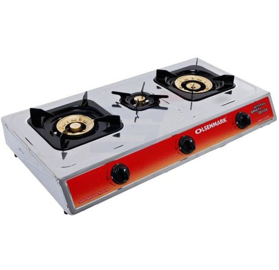 Olsenmark 3 Burner Gas Stove Silver Brass Burner Heavy Duty OMK2229