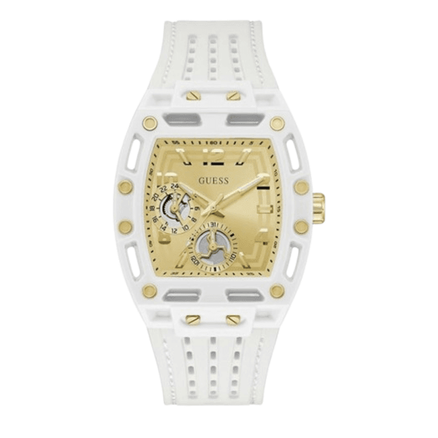 GUESS Mens Analog Watch - Champagne Dial, White Silicone Strap -GW0499G5