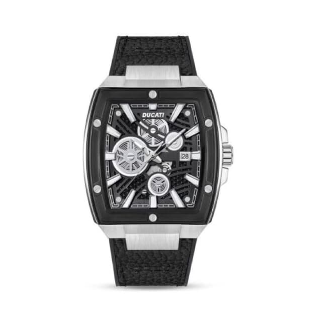 Ducati Mens 40mm Analog Black Leather Strap, Semi Transparent Dial Watch - DTWGB0000701