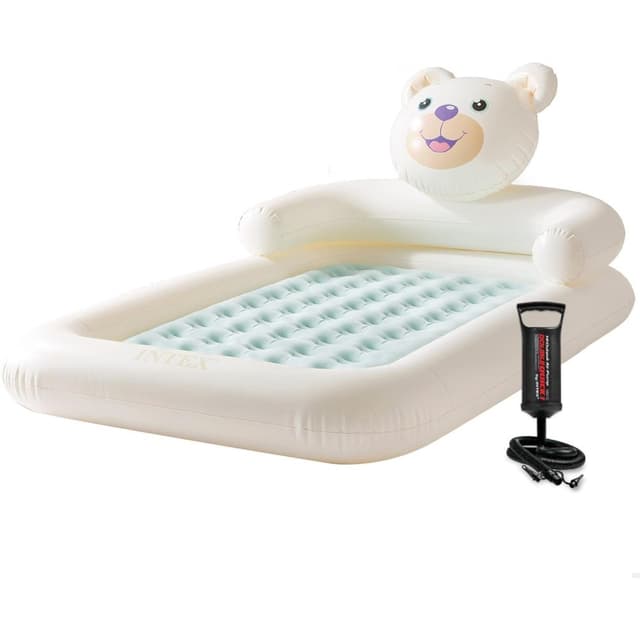 Intex Bear Kids Travel Bed with Hand Pump - Comfortable Inflatable Toddler Air Mattress with Raised Frame and Soft Flocked Surface - Ivory - 66814