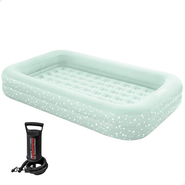 Intex Kids Travel Airbed Set with Hand Pump and Carry Bag - Comfortable Inflatable Toddler Mattress with Raised Frame and Soft Flocked Surface - Mint Green - 66810