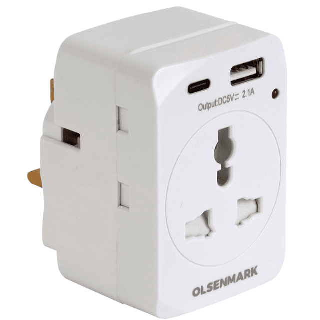 Olsenmark Universal Adaptor, ABS Housing with Copper Parts and Pins, Global Compatibility, 1 UK & 2 UK Adaptors, 2-Way USB - OMES1889