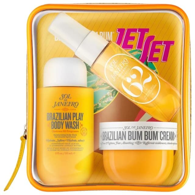 Sol de Janeiro Jet Set Brazilian Bum Bum Cream - Firming and Smoothing Body Cream with Guaraná and Cupuaçu - Cream, Perfume Mist, and Body Wash Trio