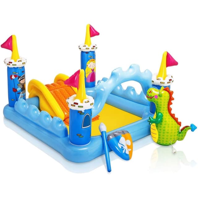 Intex Unicorn Castle Inflatable Play Center with Water Slide Sprayer Bop Bag 196x178x127cm Ages 2+ 234L Capacity - 56148