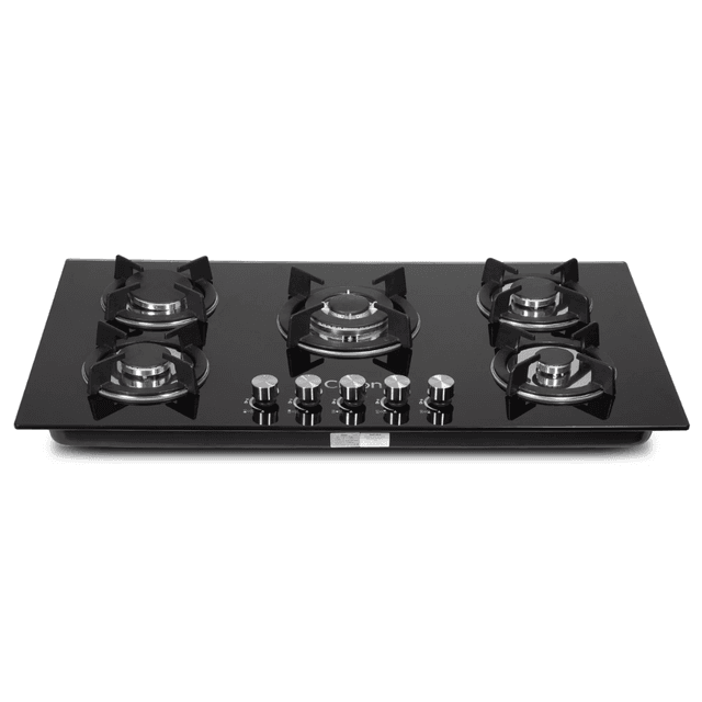 Clikon 5 Burner Glass Top Gas Hob CK4297, Stainless Steel Frame with Tempered Glass, Central Wok Burner & Flame Failure Safety Device
