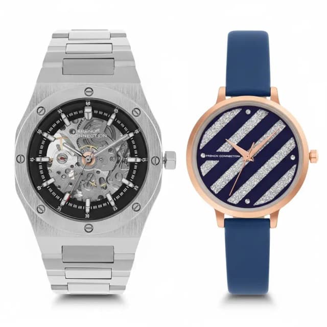 French Connection FCA02-1 Silver Dial Watch & French Connection Tresor Blue Dial Watch Set for Couple, His & Hers Analog Quartz Timepieces