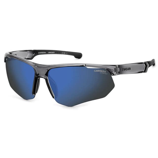 CARRERA, CARDUC044-SR6SXT, Unisex Sunglasses, Half Frame, Mirrored Blue Lens, Plastic Frame, Transparent Grey