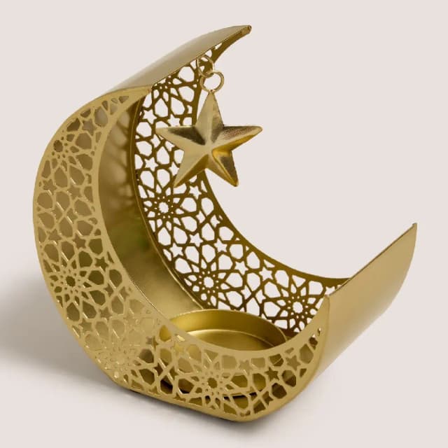 Generic Gold Eid Moon Lantern with Crescent Star & Tea Light Holder