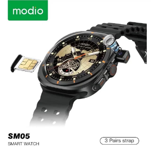 Modio SM05 Smartwatch with HD Calling, SIM Support & 3 Interchangeable Straps - Black