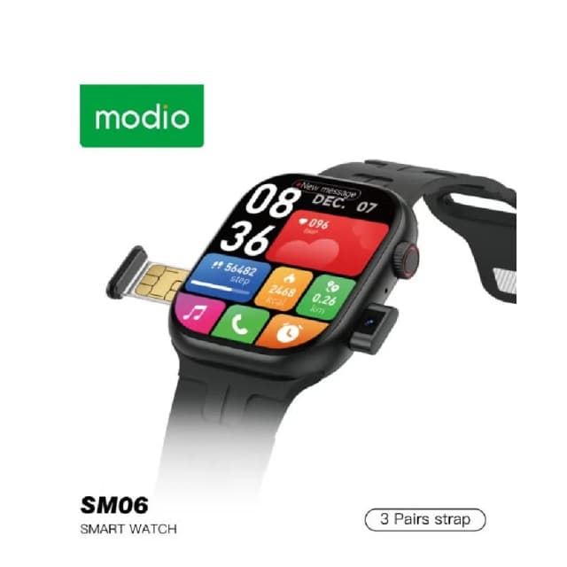 Modio SM06 Smartwatch with SIM Support, Dual Camera, Wireless Charging & 3 Interchangeable Straps - Black