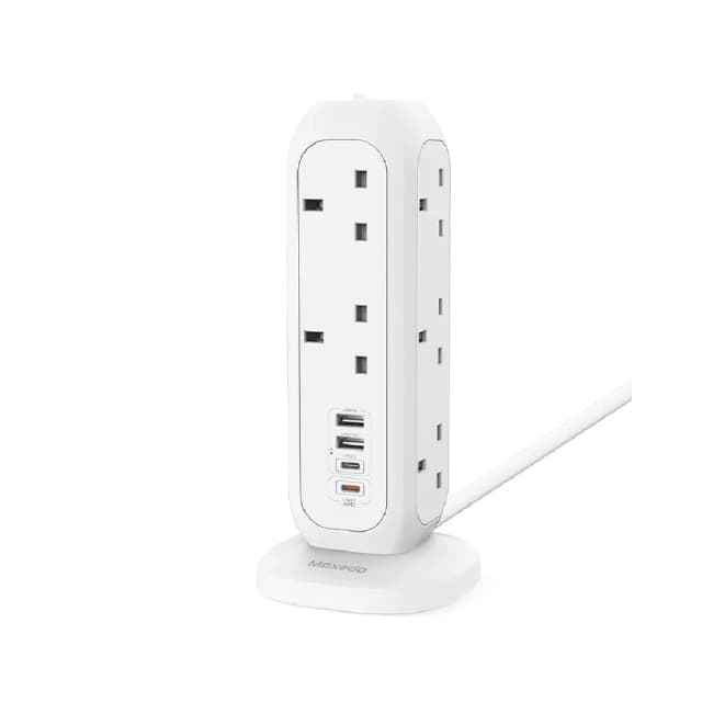Moxedo Smart-Hub Tower Power Strip - 11 AC Sockets, 2 USB-C, 2 USB-A, 2M Cord, White - MX-PSUK035