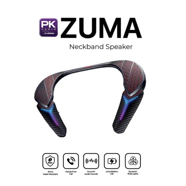 Platinum Karaoke Zuma Neckband Speaker Portable Bluetooth Wireless Audio Wearable Speaker Black 1 Year Warranty