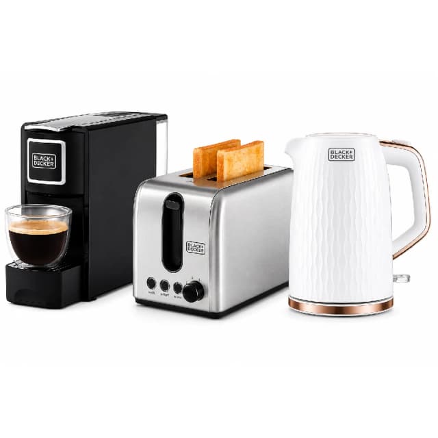Black+Decker Breakfast Bundle - Capsule Coffee Machine 600ml + 2-Slice Toaster 1050W + 1.7L Cordless Electric Kettle 2200W
