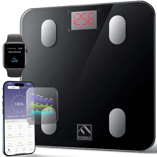 FITINDEX Smart Bluetooth Body Fat Scale, Digital Bathroom Weight Scale with 13 Body Composition Metrics, BMI Analyzer, Health Monitor App, Black (10.2-Inch)