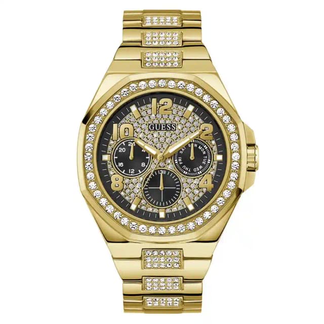 Guess Empire Mens Black Dial Day-Date Watch with 46mm Gold PVD Stainless Steel Case and Bracelet, Quartz Movement and 50M Water Resistance - GW0785G2