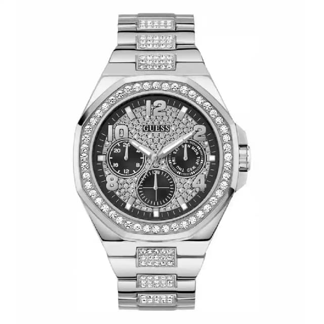 Guess Trend Mens Black Dial Day-Date Watch with 46mm Silver-Tone Stainless Steel Case and Bracelet, Quartz Movement and 50M Water Resistance - GW0785G3