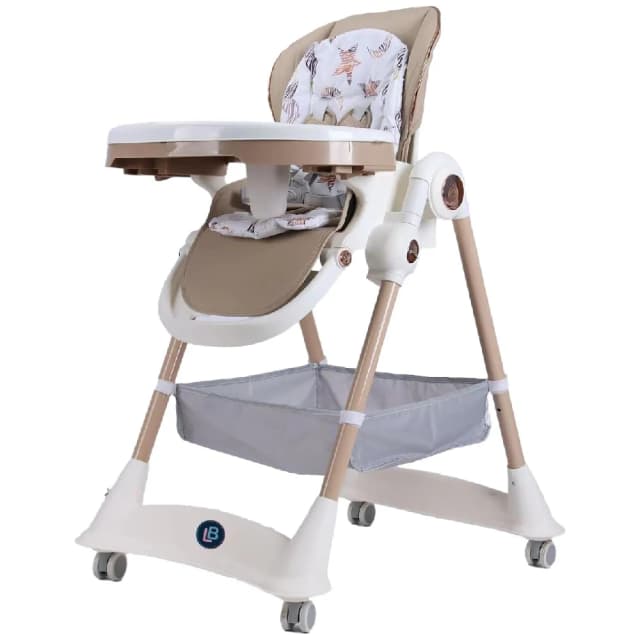 Lovely Baby LB168 3-Point Adjustable High Chair - Foldable with Universal Wheels, Storage Basket, Removable Tray, Safety Belt, Beige - LBB168-BG