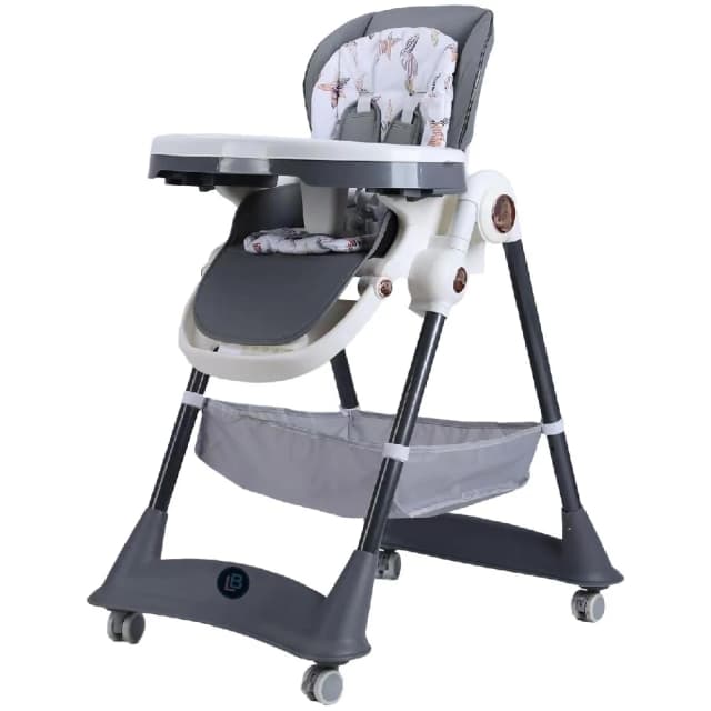 Lovely Baby LB168 3-Point Adjustable High Chair - Foldable with Universal Wheels, Storage Basket, Removable Tray, Safety Belt, Grey - LBB168-GR