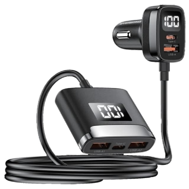 Riversong Safari C9 48W Car Charger with Front and Rear Ports, 5 Device Simultaneous Charging, LED Digital Display, and Built-in Cable (Black) - RS.SAFARIC9-CC47.BK